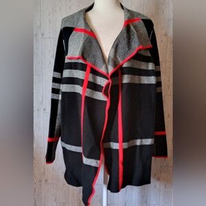 Alison Sheri Stylish Black & Gray Sweater Kimono with Red Accents Size XL